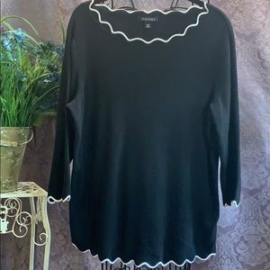 Roz & Ali Knit Sweater White Scalloped Trim on Black Boatneck